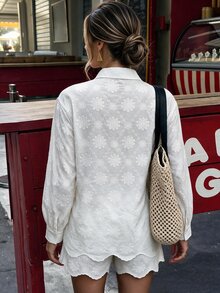 Flora Isola Flora Isola Solid Button Front Shirt & Scallop Trim Shorts - White - View 3