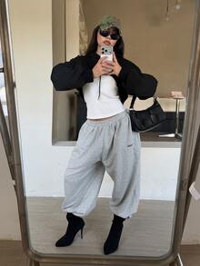 DAZY Letter Graphic Drawstring Hem Sweatpants Summer Gym Black Casual Athleisure - Grey - View 8