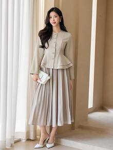 DAZY Women's Solid Color Single-Breasted Ruffle Hem Elegant Blouse Fall - Apricot - View 7
