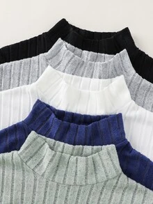 SHEIN 5件組買2送3兒童青少年男孩休閒運動假領抓絨長袖T恤，黑白藍色基本款上衣，適合秋季、學校、家庭聚會、生日派對、秋季穿搭、冬季穿搭 - 彩色 - 查看 5