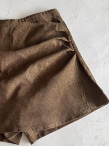SHEIN LUNE Solid Corduroy Zip Back Ruched Side Skort Brunch Picnic Olive Green Summer Casual - Brown - View 6