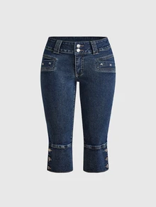 ROMWE Button Detail Skinny Jeans - Dusty Blue - View 1