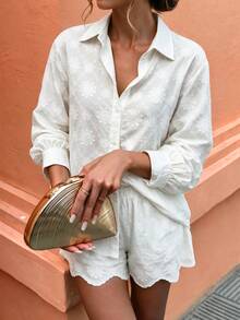 Flora Isola Flora Isola Solid Button Front Shirt & Scallop Trim Shorts - White - View 1