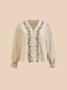 Elaquor Plus Floral Embroidery Flounce Sleeve Blouse Fall - Apricot - View 4