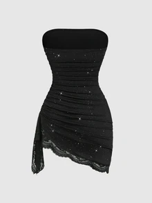 Sweetra Contrast Lace Drawstring Side Ruched Asymmetrical Hem Tube Dress - Black - View 2