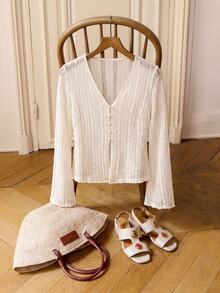 Elaquor Plus Size Elegant Commuter Solid Color Jacquard Shirt - White - View 3