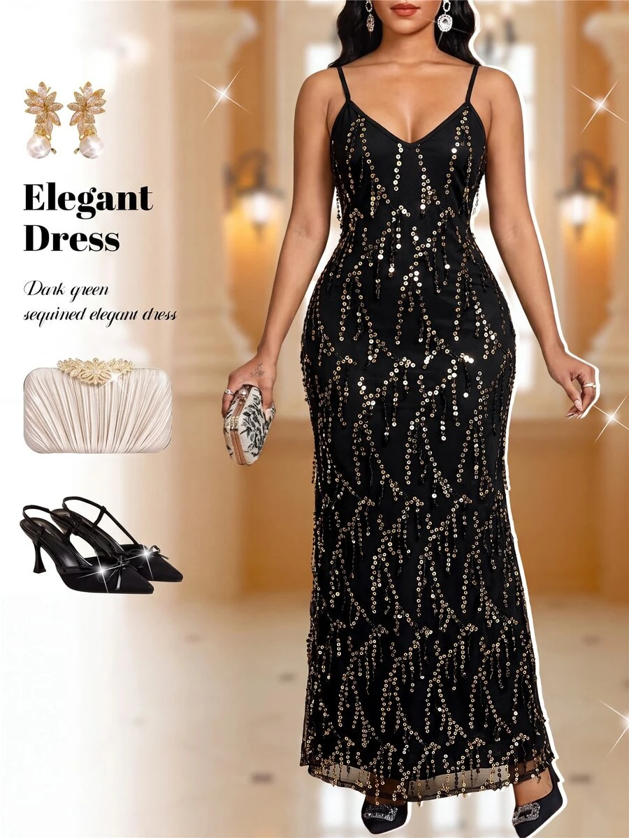 Fleurora Women's Elegant Exquisite Sequin Spaghetti Strap Dress For Evening Party - Black and Gold - View 1