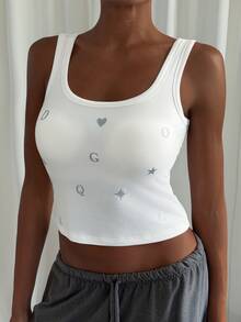 Livesso Camiseta de tirantes corta para dormir con estampado de corazón y letra, estilo cojín en el pecho - Blanco - Ver 10