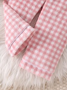 1套女嬰可愛愛心刺繡格紋翻領長袖上衣與長褲舒適毛絨秋冬睡衣休閒粉色與白色家居服 - 粉色 - 查看 5
