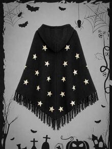DreamSkyne Plus Size Halloween Allover Star Pattern Fringe Hem Pompom Drawstring Hooded Cape Cardigan Formal Date Night Black Autumn 1960s 1920s - Black - View 2