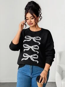 Elenzga Plus Bow Pattern Drop Shoulder Sweater - Hitam dan Putih - View 6