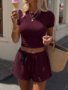 SHEIN EZwear 純色紋理針織短版T恤與前打結短褲套裝 - 酒紅色 - 查看 9