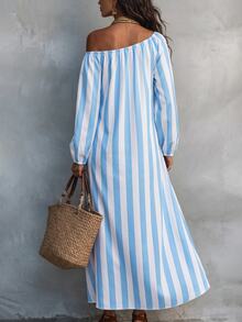 Breezaya Striped Print Asymmetrical Shoulder Dress - Blue and White - View 2
