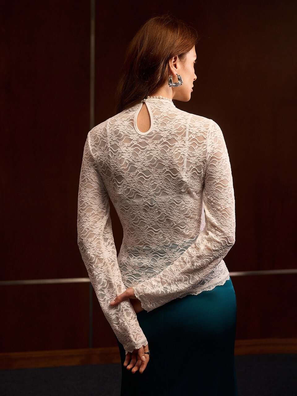 MOTF LACE MOCK NECK FAUX PEARLS SEAM DETAIL SHEER TEE