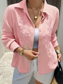 Dazy Plus Loose Casual Patchwork Embroidered Floral Pattern Elegant Fun Commute Spring Summer Autumn New Long Sleeve Blue Shirt Vacation - Pink - View 1