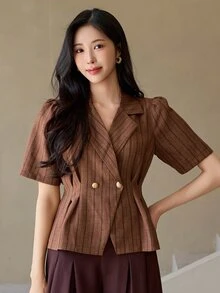 DAZY Women's Elegant Commute Striped Petal Sleeve Blouse - Coffee Brown - View 4