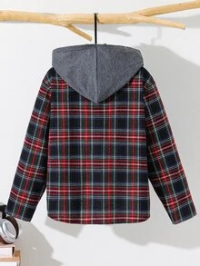 SHEIN 兒童青少年男孩休閒柔軟綠色格紋長袖連帽襯衫，基礎上衣，適合秋季、聖誕節、萬聖節、學校、家庭聚會、度假、派對，秋季穿搭，冬季穿搭 - 彩色 - 查看 4