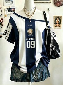 Lalippa 女款運動風條紋印花時尚不對稱單肩T恤 生日禮物 - 淺灰色 - 查看 5