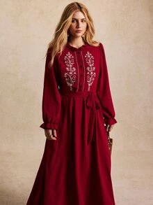 Écloséra Curve Plus Size Women's Elegant Boho Embroidered Round Collar French Style Shirt Dress, Slimming 3D Ruffle Cuffs Bow Waist Dark Purple Autumn - Burgundy - View 6