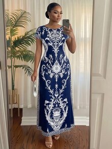 SHEIN Lady 大尺碼深藍色夏季優雅正式晚宴洋裝 - 藏蓝色 - 查看 3