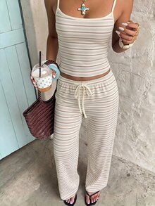 Aloruh Contrast Striped Print Crop Cami Top & Drawstring Waist Pants Set - Apricot - View 7