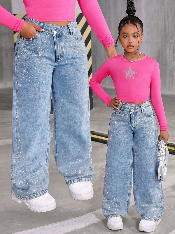 SHEIN Explorewe Tween Girl 1pc High Waist Wide Leg Jeans