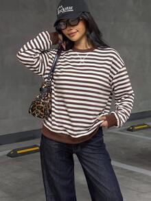 SHEIN EZwear 條紋印花落肩衛衣 - 彩色 - 查看 6