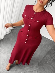 Elenzga Gaun Plus Size Polos dengan Kancing Depan dan Hem Model Duyung, Cocok untuk Sehari-hari, Kantor, Makan Malam, Perjalanan, Warna Burgundy, Musim Gugur, Elegan - Burgundy - View 6