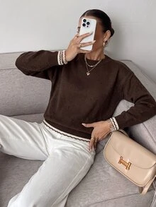 Muvela Contrast Trim Drop Shoulder Sweater Brunch Daily Brown And Cream Autumn Minimalist Casual - Brown - View 7
