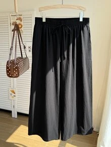 Comfortcana Plus Size Casual Black Textured 9-Length Pants - Black - View 4