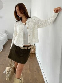 K-Vae Women's Elegant Solid Color Lace Jacket - Apricot - View 5