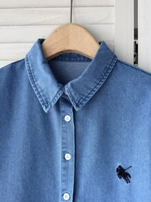 SHEIN EZwear Women's Equestrian Embroidered Long Sleeve Single-Breasted Shirt And Denim Pants Set Fall - Medium Wash - View 3