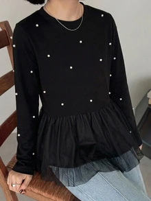 FRIFUL Pearls Beaded Mesh Peplum Hem Tee - Black - View 5