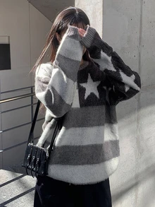 DAZY Star Pattern Drop Shoulder Oversized Sweater - Grey - View 2