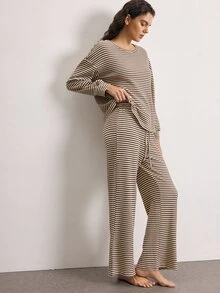Ocili Striped Drop Shoulder Lounge Set - Khaki - View 5