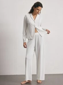Ocili Notched Collar Buttoned Front Blouse & Pants PJ Set - White - View 4
