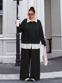 SHEIN CURVE+ Plus Drop Shoulder 2 In 1 Sweatshirt & Celana Panjang Lebar - Hitam - View 6