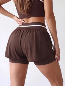 SHEIN Sports Letter Graphic 2 In 1 Sports Shorts - Brown - View 2