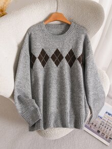 CosyJoli Plus Argyle Pattern Drop Shoulder Sweater - Grey - View 4