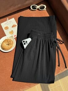 Comfortcana Plus Size Casual Black Textured 9-Length Pants - Black - View 1