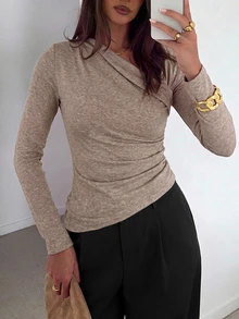 Firerie Women's Fashion Asymmetric T-Shirt, Autumn - Mocha Brown - View 3