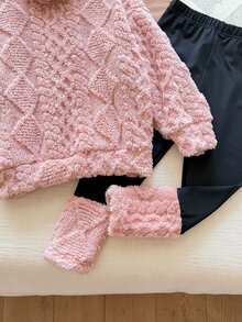 SHEIN 女童純色紋理針織泰迪衛衣與內搭褲套裝 - 粉色 - 查看 7