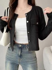 FRIFUL Mantel Musim Gugur dengan Detail Kancing Polos dan Penutup - Hitam - View 6