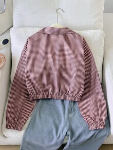 SHEIN 青少年女孩格紋印花落肩夾克 - 紅色 - 查看 3