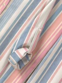 Rusticease Block Striped Roll Tab Sleeve Blouse & Wide Leg Pants - Multicolor - View 4