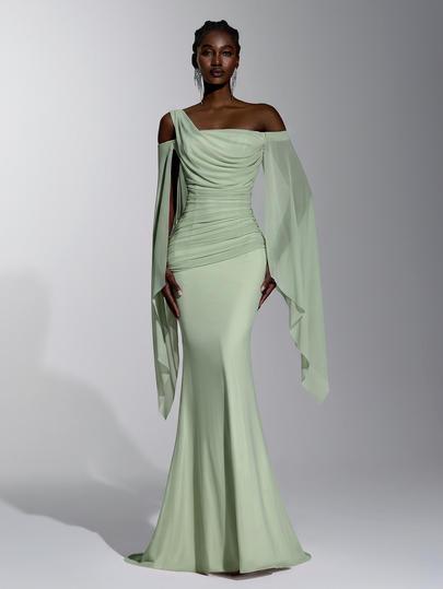 Elitara Elegant Classical Elastic Asymmetrical Neck Draped Neckline Ruched Waist Asymmetrical Diagonal Pleated Bodycon Long Dress, Suitable For Holiday Celebrations, Weddings, Balls, Concerts, Business Guest Banquets, Internet Celebrity Events, Women's Formal Evening Gown