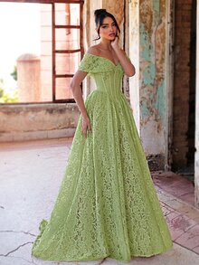 Aureia Elegant Formal Romantic 3D Lace Tube Strapless Bodice With Waist Mesh Sheer Effect, Boning Structure, Oversized A-Line Skirt, Wedding Prom Green Fall - Green - View 3