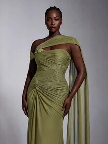 Elitara Plus Size Classy Olive Green Knit Mesh One Shoulder Slimming Ruched Asymmetrical Floor Length Mermaid Evening Gown Dinner Women Fall New Year - Green - View 5