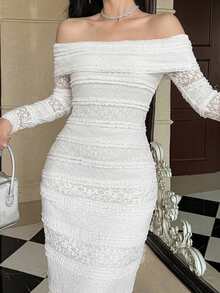 DAZY Spring/Summer Women's Elegant Lace Solid Color Midi Dress - Pearl White - View 2