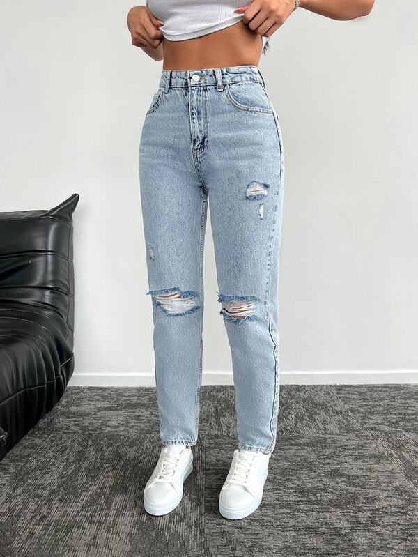 SHEIN Blugi mom fit cu talie înaltă și rupturi